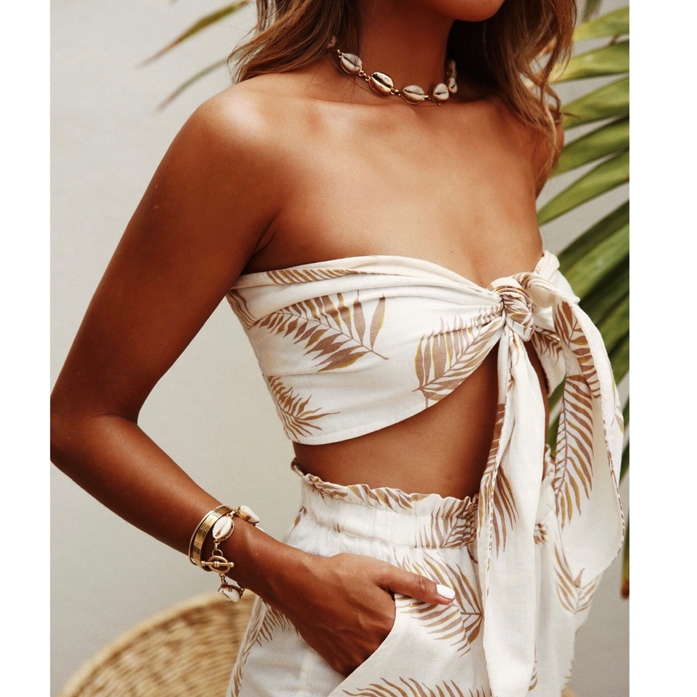 Sincerely Yours Cream Leaf Print Tie-Front Bandeau